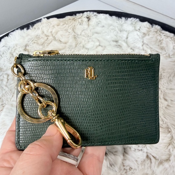 Ralph Lauren Embossed Leather Zip Card Wallet in Hunter Green w/ Gold Keychain - Picture 4 of 7